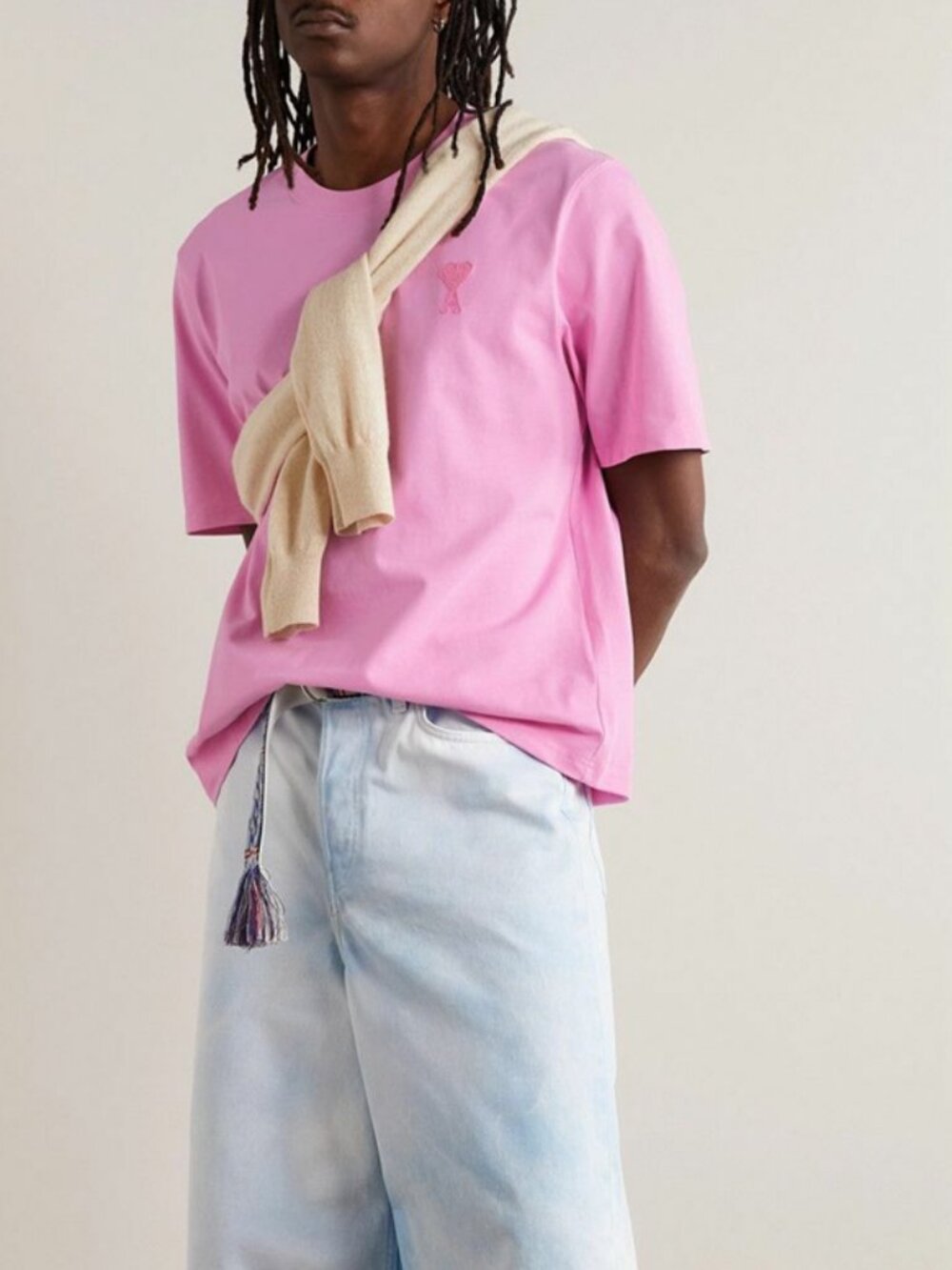 Ami Paris Logo-Embroidered Cotton-Jersey T-Shirt Pink Large